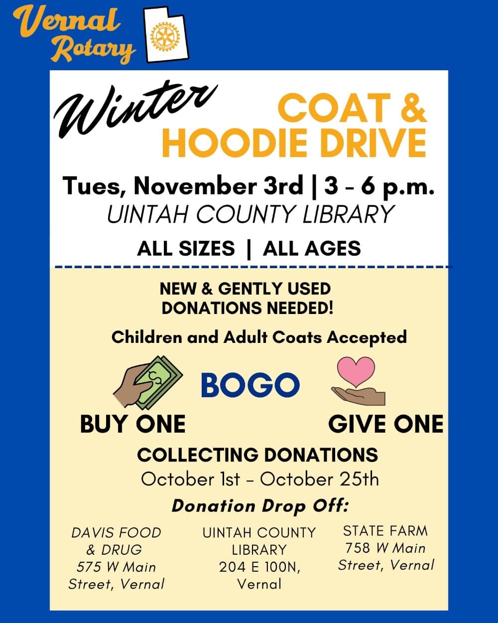 Vernal Rotary Club Coat Drive event poster