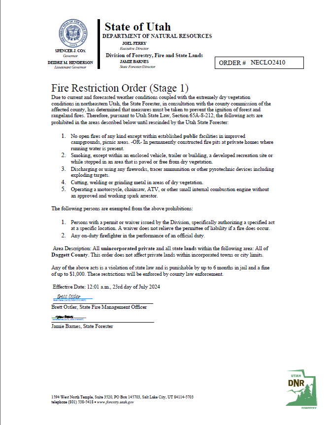 Fire Restriction Order Issued For Duchesne County And Uintah County